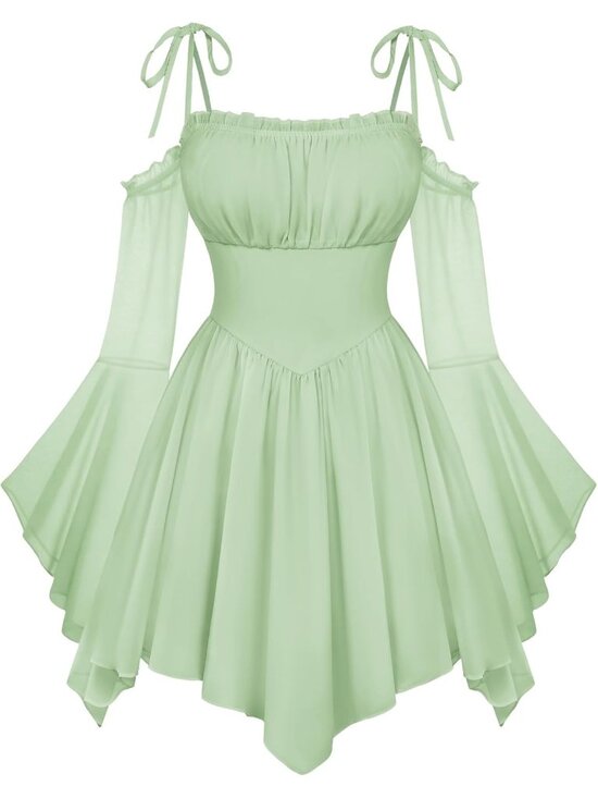 Dresses & Skirts - Women's Light Green Off Shoulder Fairy A LINE Boho Corset With Pockets Dress